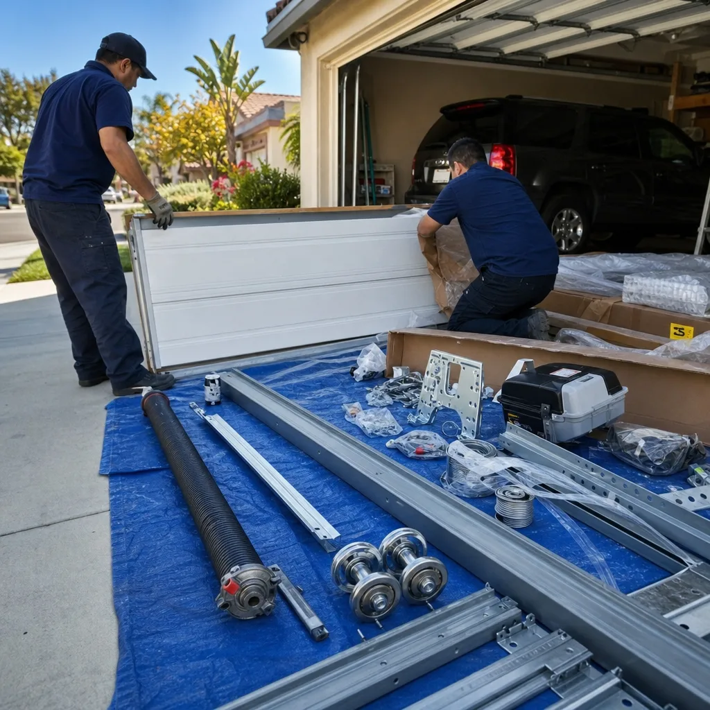 Two professional technicians installing a new residential garage door system