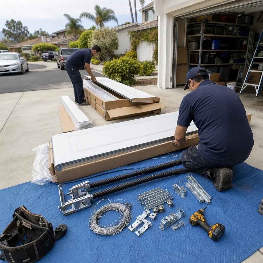 Two professionals installing a residential garage door with tools and hardware.