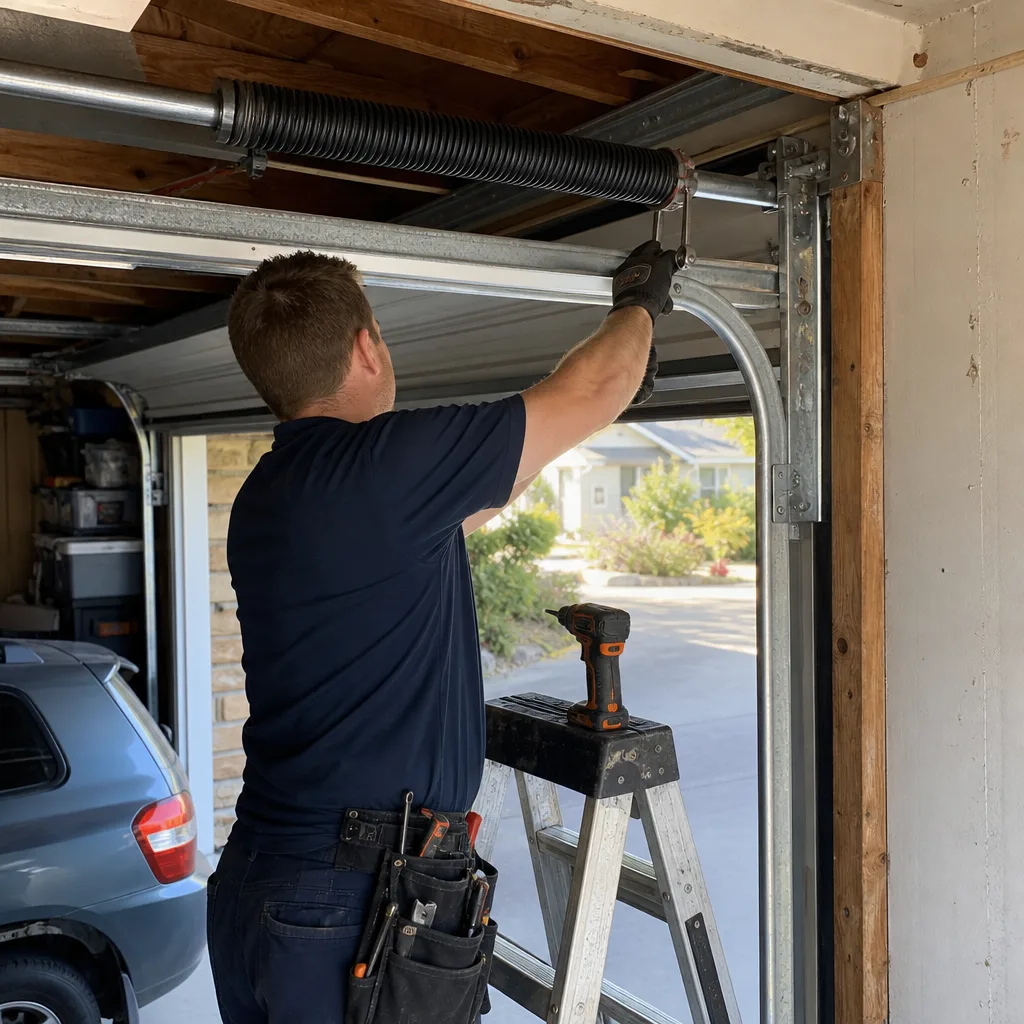 Technician performing professional garage door spring repair and maintenance