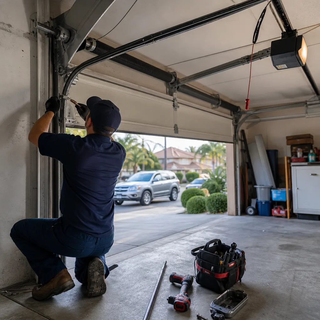 Technician performing garage door opener repair in a residential garage