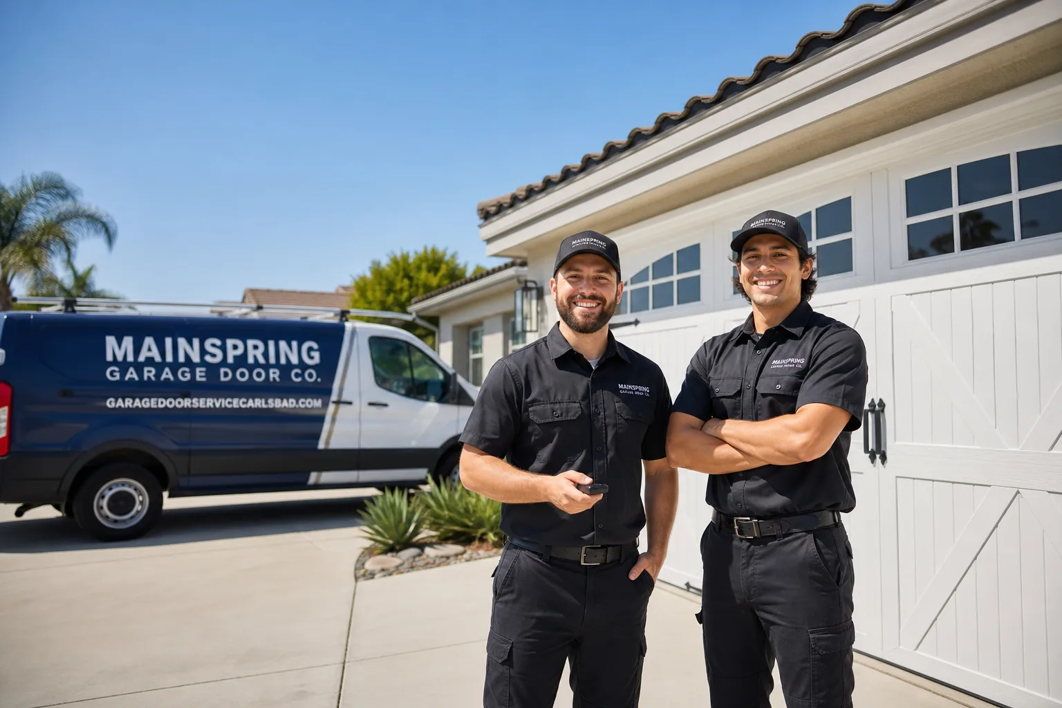 Mainspring Garage Door Co. garage door service vehicle and crew in Carlsbad, CA